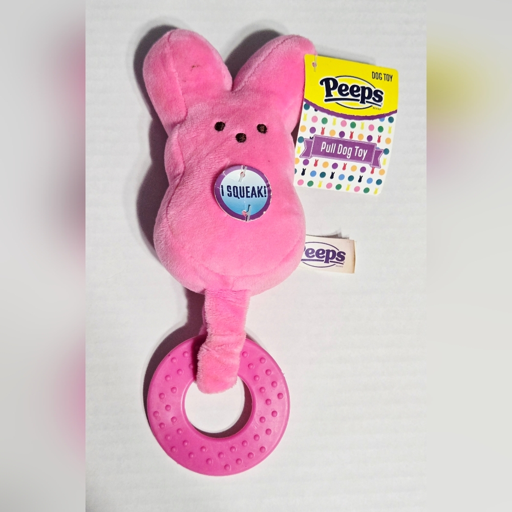 Peeps Pink Bunny Pull Dog Toy Squeaky Plush w/ Teething‎ Ring Dan Dee Easter Pet